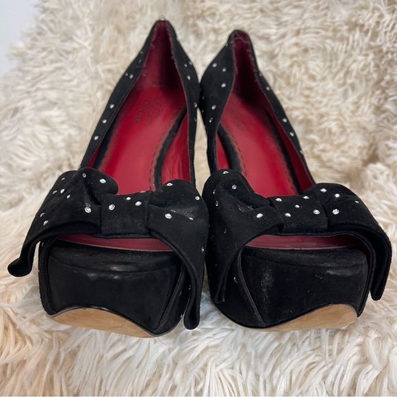 TARA SUBKOFF BEBE Swarovski Crystal Bow Platform Peep opentoe heel black suede 8 - Picture 8 of 12